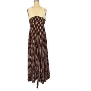 Vintage 1970s Kelly Arden Cream & Brown Polka Dot Maxi Dress Exaggerated Collar